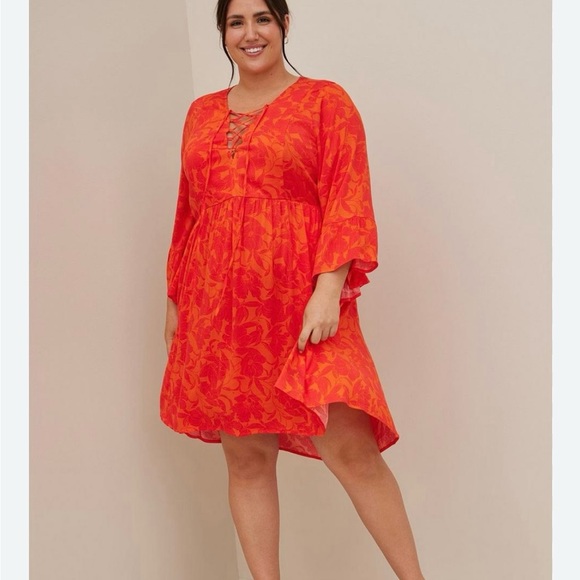 Lace Up Hi-Low Babydoll Dress - Stretch Challis Floral Orange - Picture 4 of 6